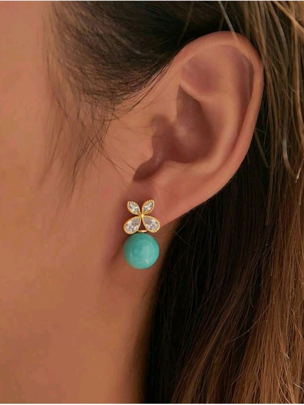Gold Floral Stud Earrings NWT  with Turquoise Bead